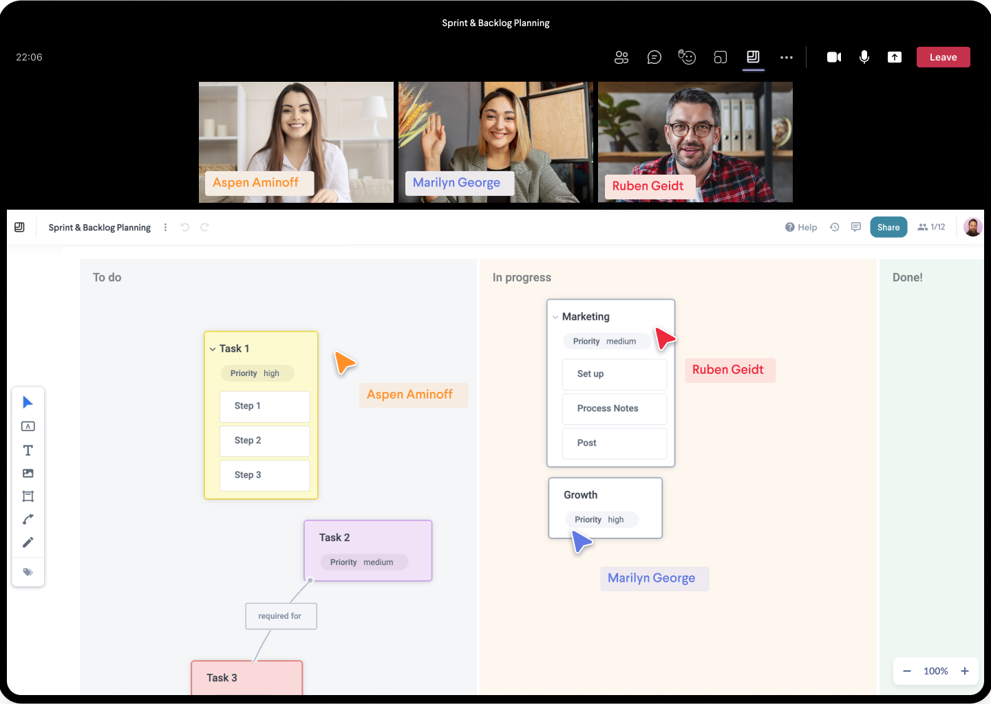 A Microsoft Teams call where three users are collaborating on a virtual whiteboard directly in the call