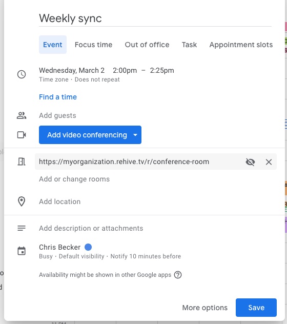 Frameable Spaces virtual rooms can be added to meetings in Google Calendar