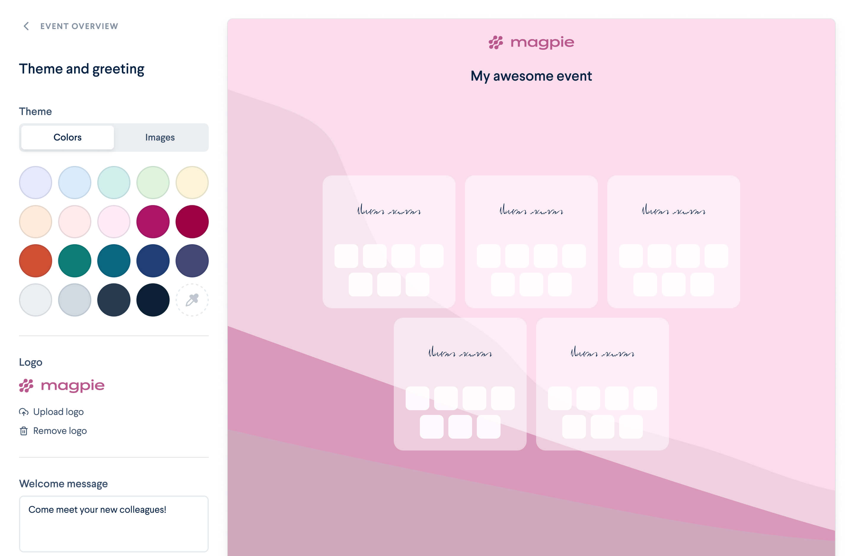 The backend of our platform with an editing panel on the left side where you can adjust background color, add a logo, and add a custom welcome message, on the right handside is a view of the event being customized, showing a lounge room with a pink multicolor background and tables