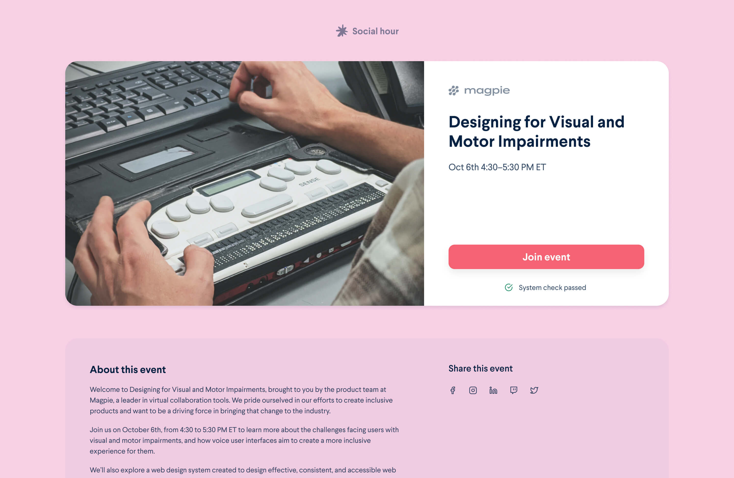 An event landing page with a picture of a stenograph