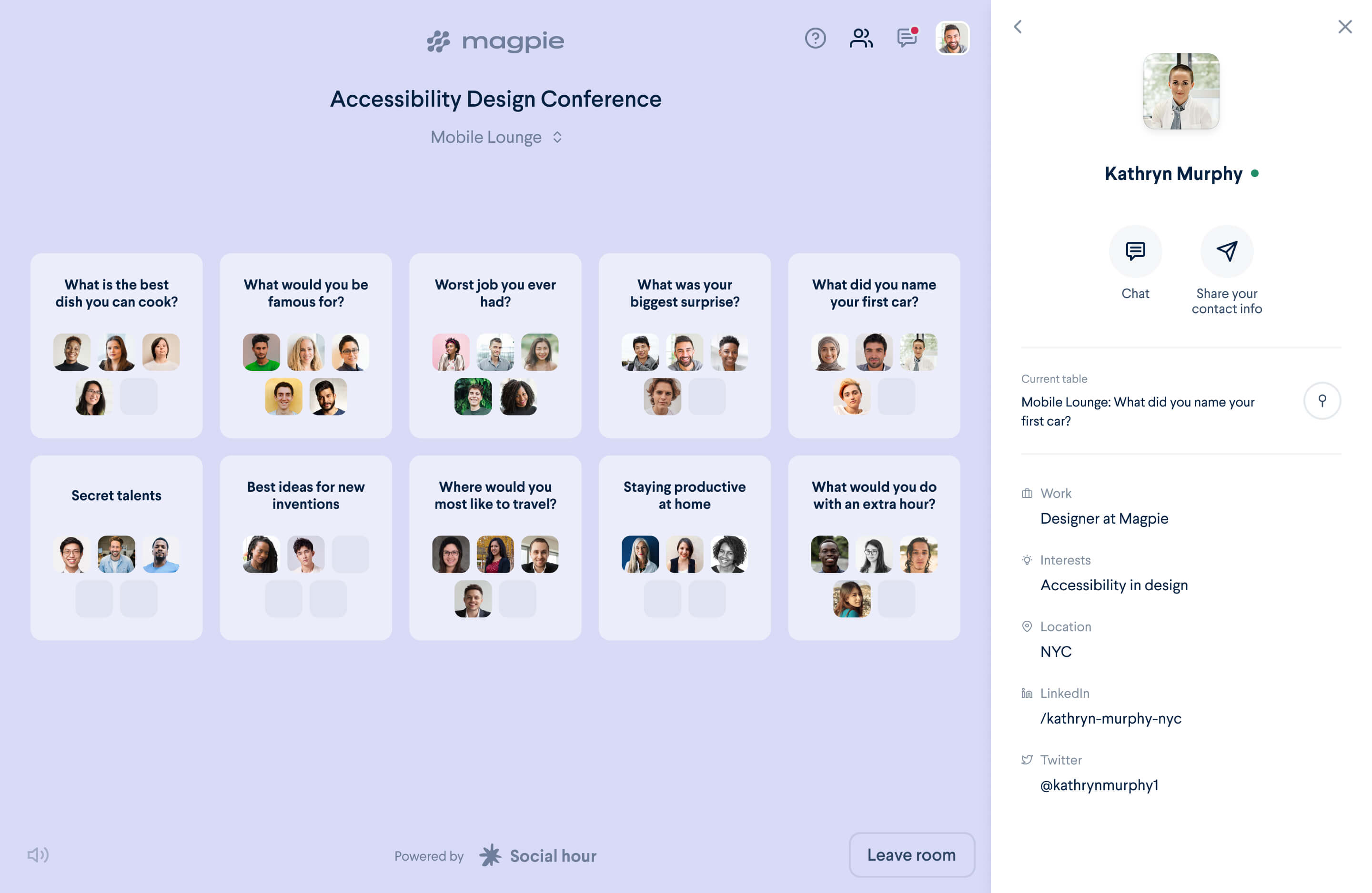 A view of our lounge with the right side panel open showing a user's profile fields