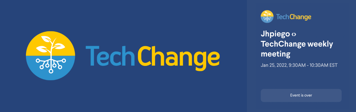 Round logo of leaves sprouting above roots for Tech Change in yellow on blue background