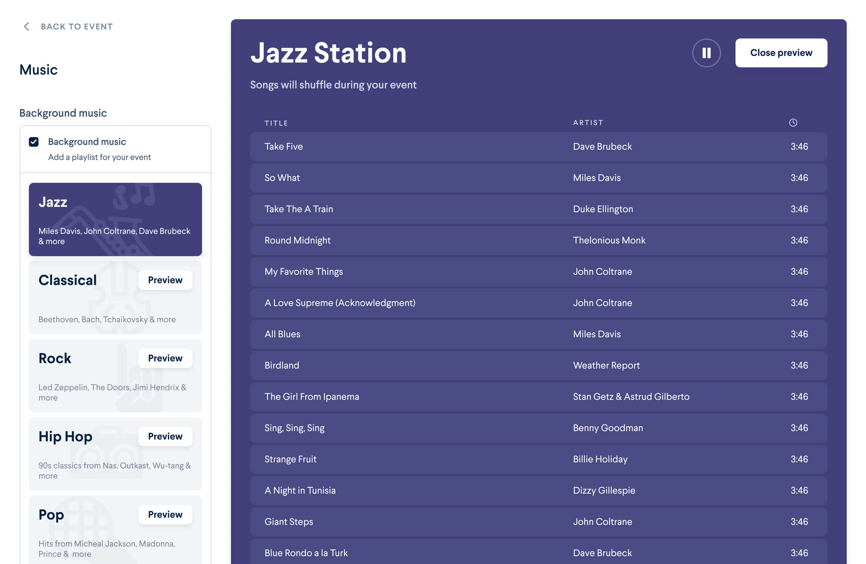 a rendering of our music channel selector showing different genres of music and the songs on the jazz playlist option
